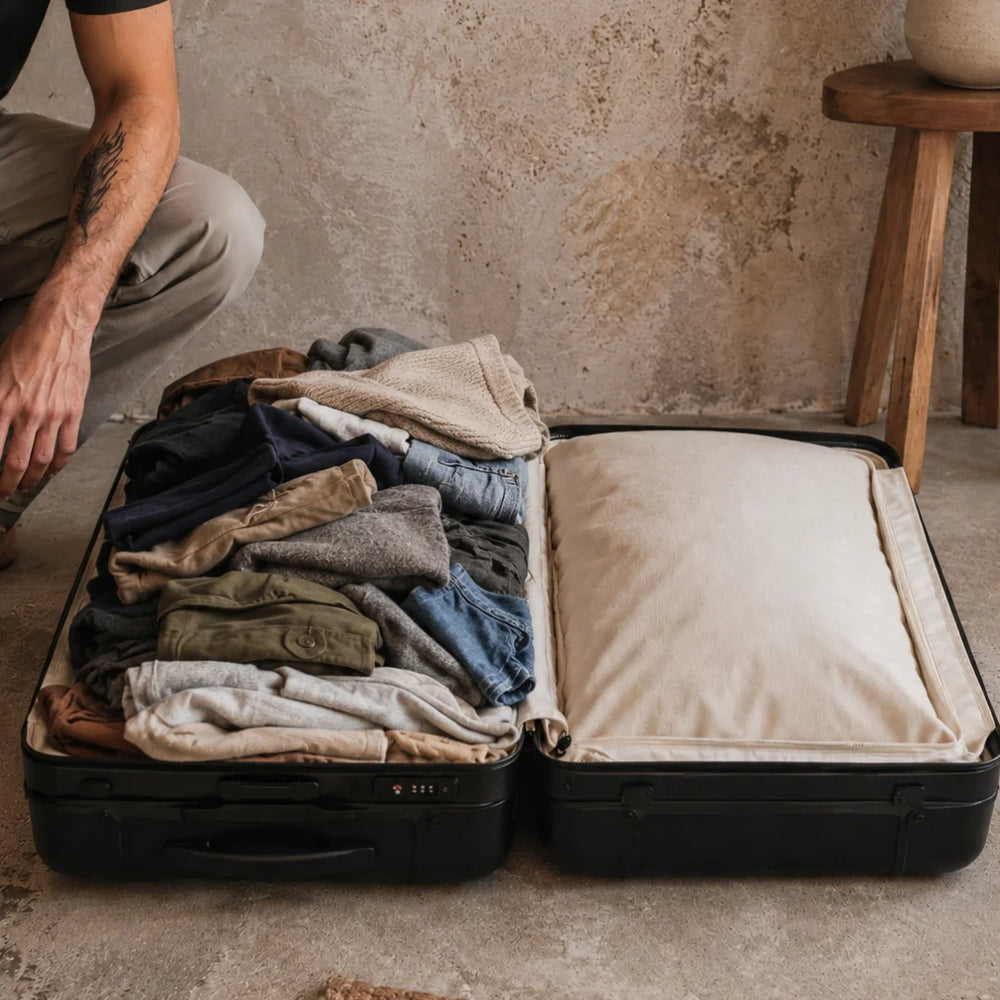 Valise remplie de vêtements avant compression avec PLIO