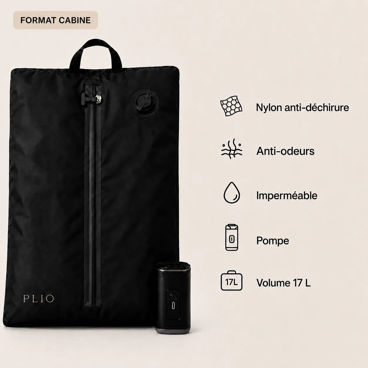 Sac de compression PLIO avec pompe rechargeable et caractéristiques du produit