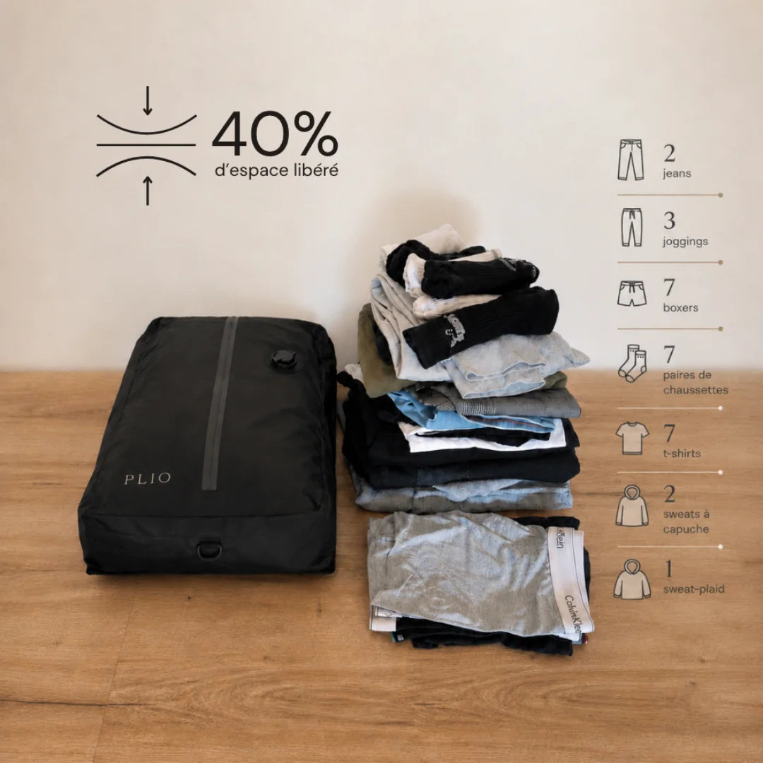 Sac de compression PLIO utilisé pour réduire le volume des vêtements dans une valise